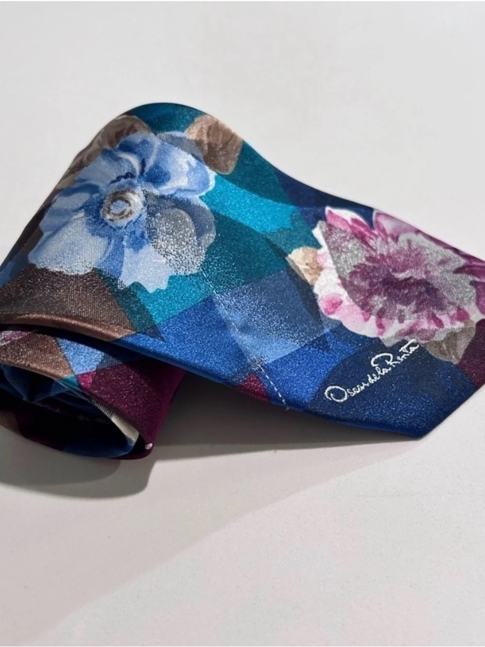 Oscar de la Renta Teal Blue Floral Silk Scarf
